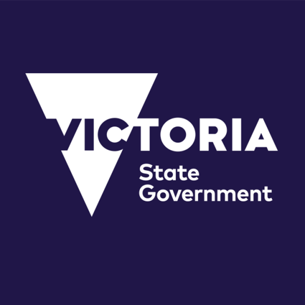 Deep purple background with white triangle and text reading Victoria State Government