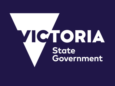 Deep purple background with white triangle and text reading Victoria State Government